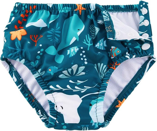 Baby Swim Diapers Reusable Washable Infant Diaper Swimsuit with Side Snap UPF 50+ Sun Protection for Pool Beach(12-18 Months,Whale)