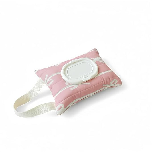 Baby Wipes Dispenser with Bow, Refillable Hanging Wet Wipe Pouch, Portable Diaper Wipe Holder for Travel, Car and Stroller Use (Pink)