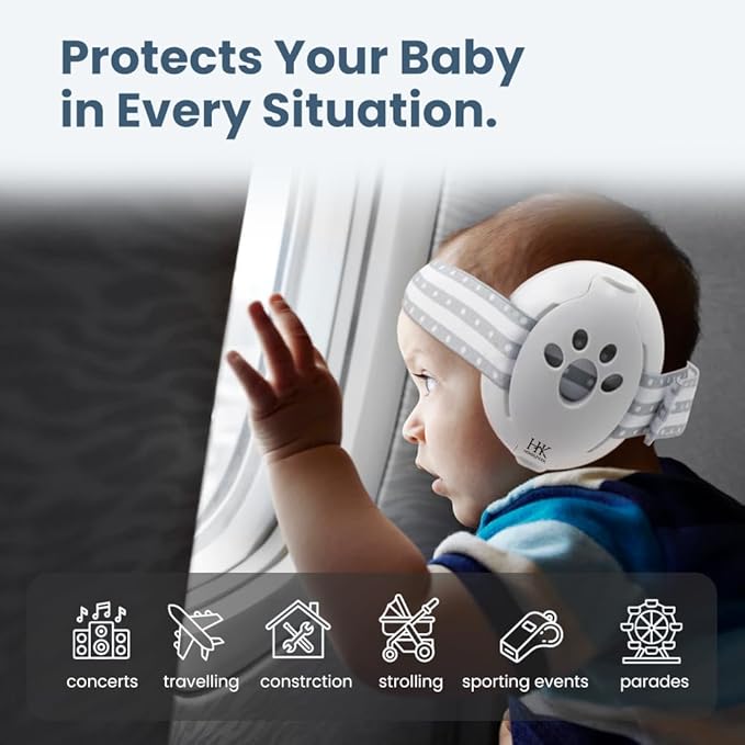 Baby Ear Protection | Ear Muffs for Infants with Elastic Headband | Baby Earmuffs Ideal for Flights, Sleep | 2 Bands Included (Grey-White)