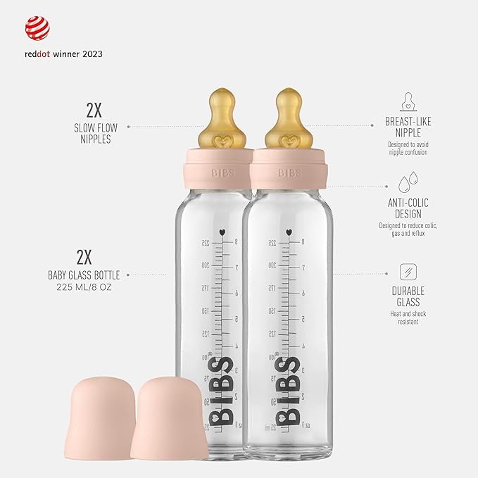 Bibs Baby Glass Bottle | Anti-Colic Borosilicate Glass Bottles | Natural Vented Round Natural Rubber Latex Nipple | Consistent Flow Rate | 7.6 oz/225 ml | 2 Pack | Blush