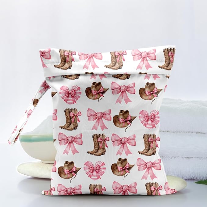 Waterproof Cloth Diaper Wet Dry Bag Reusable Travel Beach Pool Daycare Soiled Toddler Items Yoga Gym Bag for Swimsuits Wet Clothes Bags - Pink Bow Western Boots Hat Pattern