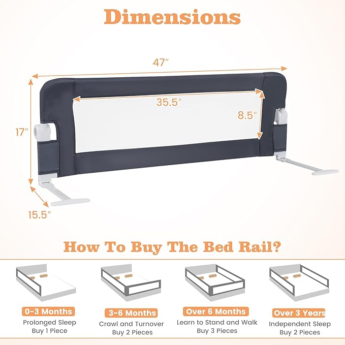 HONEY JOY Bed Rail for Toddlers, Extra Long, Foldable Portable Swing Down Safety Bed Guard Rail, Toddler Bed Rails for Crib, King Queen Full Twin Size Bed Mattress (Gray, 2 Pack, 47 Inch)