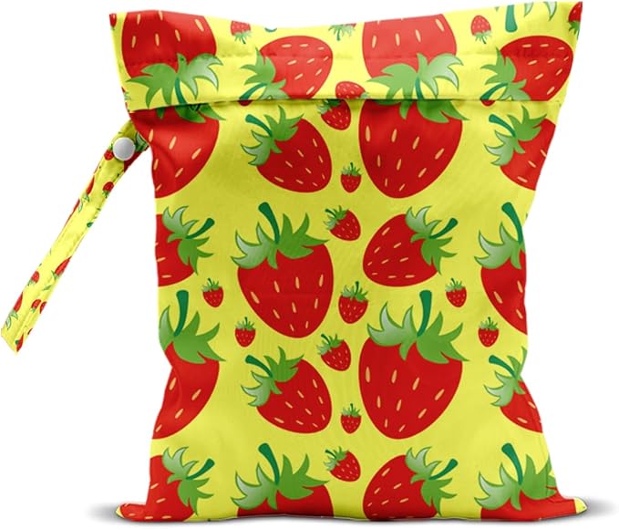 Wet Bag, Wet Dry Bag, Waterproof Swim Bags, Machine Washable Reusable Bags for Beach, Pool, Diapers, and Dirty Yoga Gym Clothes(Yellow & Red Strawberry Print