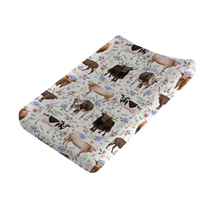 Cows Boho Retro Floral Changing Pad Cover Farmhouse Cows Cattles Yak Flowers Baby Diaper Change Table Sheets for Boys Girls Soft Stretchy Changing Table Mats Cover 32''x16''