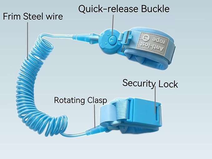 Anti Lost Wrist Link for Kids, Child Safety Leash with Both Ends Quick-Release Buckle, Rotating Clasp, Security Lock, Firm Steel Wire Coil (Blue)