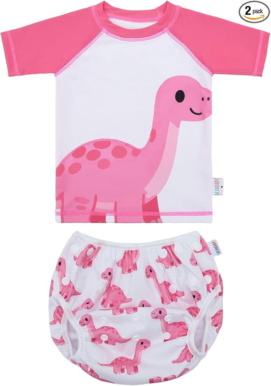 ALVABABY Baby Girl Swimsuit, 2-Piece Infant Toddler Bathing Short Sleeve Swimwear, Small Baby Reusable Swim Diaper with Matching Top
