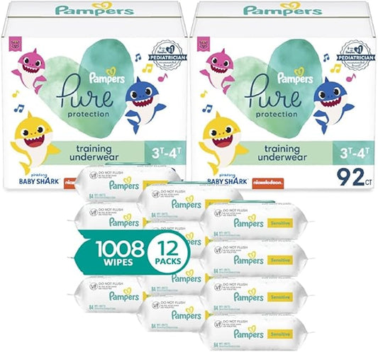 Pampers Pure Pants 3T4T (2 x 92 Count with Sensitive Water Based Baby Wipes, 12X Pop-Top Packs (1008 Count)