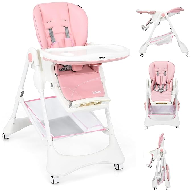 INFANS High Chair with One-Hand Removable Tray, 4 Lockable Wheels & Large Storage Basket - Multi-Adjustable Height, Recline & Footrest, Removable Cushion, Foldable for Baby, Infant Toddler