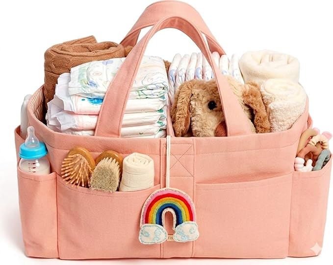 Folkulture Baby Diaper Caddy | Cotton Diaper Bag for Kids - Stylish Comfort Spacious Travel Essential Cart | Nursery Storage Bin and Car Organizer for Diapers, Wipes - (Powder Pink -15")