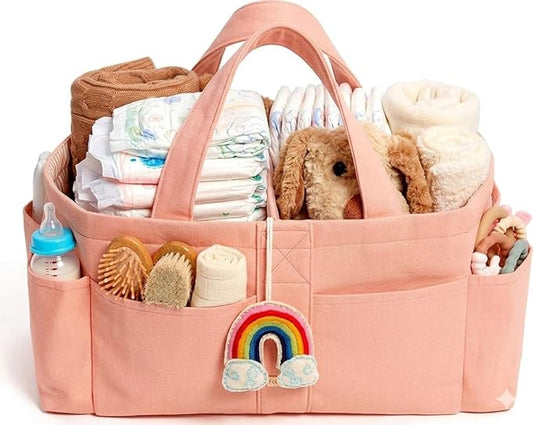 Folkulture Baby Diaper Caddy | Cotton Diaper Bag for Kids - Stylish Comfort Spacious Travel Essential Cart | Nursery Storage Bin and Car Organizer for Diapers, Wipes - (Powder Pink -15")