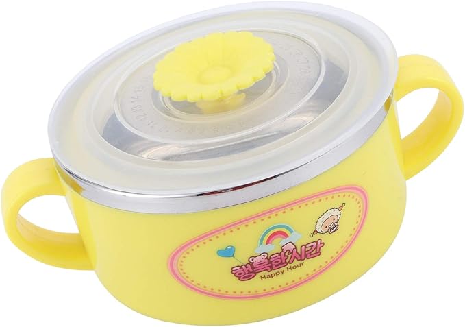 Zerodis 304 Stainless Steel Toddler Bowl with Double Layer Heat Insulation, Cartoon Design, Lid and Handles - Feeding Tableware (Yellow)