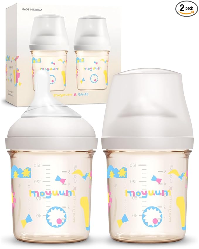 Moyuum MOV.aa Premium PPSU Wide Neck Anti-Colic Baby Bottle | Made in Korea, Microplastic & BPA-Free, Breastfeed Transition, Natural Fit Nipples for Newborns & All Stages - 5 oz (2 Pack, White)