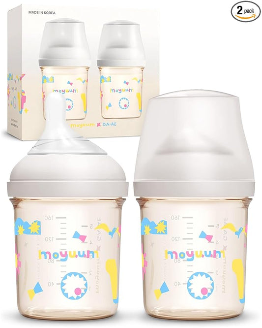 Moyuum MOV.aa Premium PPSU Wide Neck Anti-Colic Baby Bottle | Made in Korea, Microplastic & BPA-Free, Breastfeed Transition, Natural Fit Nipples for Newborns & All Stages - 5 oz (2 Pack, White)