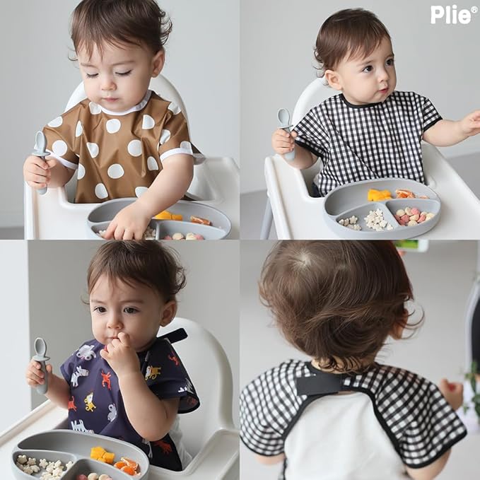 Plie Short Sleeve Waterproof Bib for Toddlers – Easy Clean Feeding Apron for Mealtime, Daycare, Self-Feeding, Lightweight