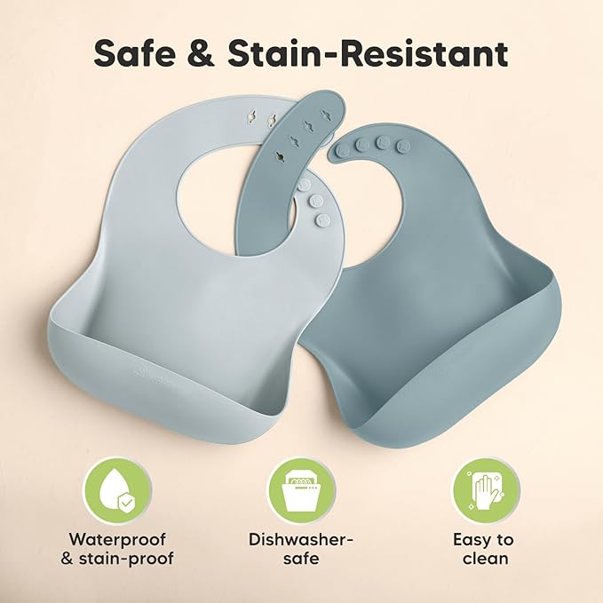KeaBabies 2-Pack Silicone Bibs for Babies, Toddlers Girl, Boy – Sturdy Food-Grade Baby Bibs for Eating, Large Food Catcher, Clean & Put On Easily, Waterproof Toddler Feeding Essentials (Alps)