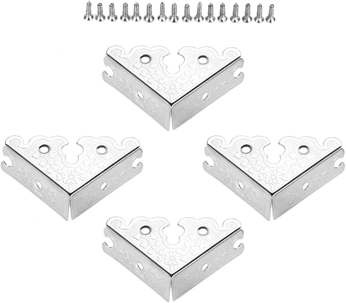 dophee 8Pcs Decorative Corner Protectors, Retro Style Edge Safety Guards Covers for Picture Frame Album Jewelry Box Gift Box Wooden Case Chest Tables Cabinet Furniture, 1.34"x1.34"-Silver