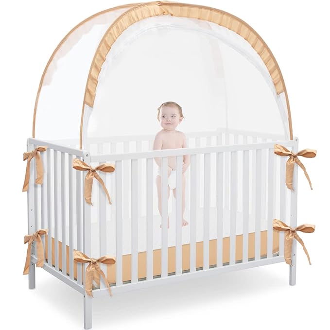 L RUNNZER Pop Up Baby Crib Tent, Safety Tent to Keep Toddler from Climbing Out, Canopy Against Falls and Bites, Netting with Breathable & Soft Mesh, Orange (R07-orange)