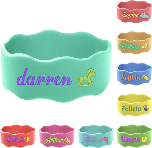 8 Pcs Personalized Water Bottle Name Bands, Washable Daycare Labels, Printable Name Sippy Cup Strap Reusable Bottle Labels Silicone Daycare Essentials