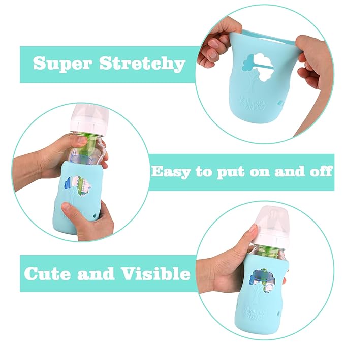 3 Pack Silicone Sleeves for Dr. Brown's Natural Glass Baby Bottles, Anti Breakage Baby Bottle Holder, Compatible Dr. Brown Wide-Neck Glass Baby Bottles 9 oz (White+Blue+Green)