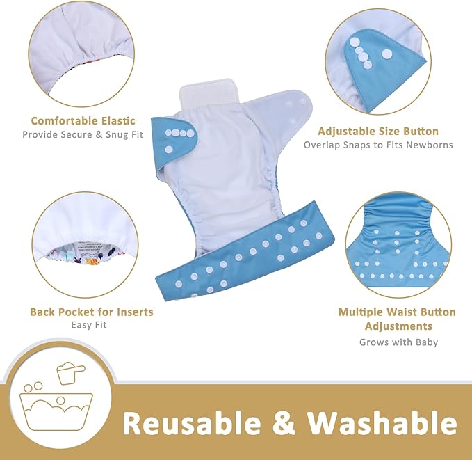TDIAPERS Cloth Diapers Reusable Washable Pocket Diapers Cover One Size Adjustable for Baby 6 Pack with 12 Inserts