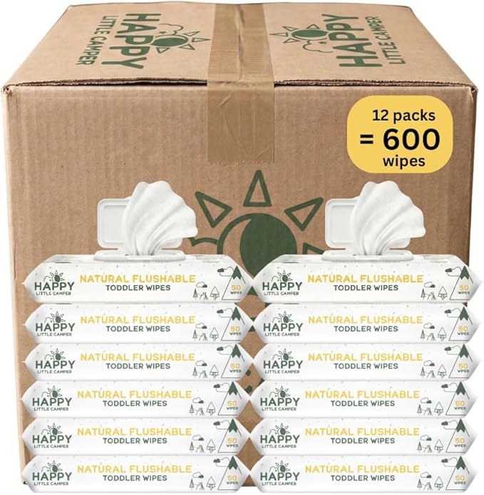 Happy Little Camper Natural Flushable Wipes - Hypoallergenic Wet Wipes with Aloe Vera, Chamomile and Pomegranate Extract - Unscented Baby Wipes Safe for Sensitive Skin - 600 Count