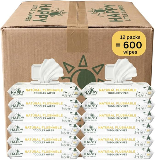 Happy Little Camper Natural Flushable Wipes - Hypoallergenic Wet Wipes with Aloe Vera, Chamomile and Pomegranate Extract - Unscented Baby Wipes Safe for Sensitive Skin - 600 Count