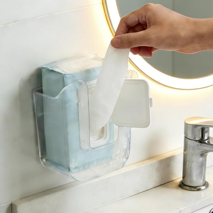3Pcs Wall-Mounted Wipes Dispenser, Flushable Wipe Holder for Bathroom, Wet Tissue Dispenser Container, Refillable Kitchen Wipes Storage Box for Toilet Bathroom Bedroom (Transparent)