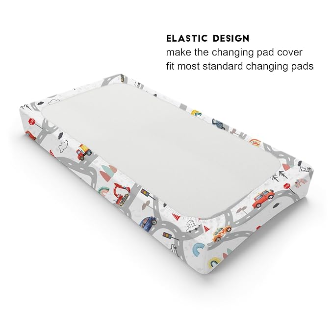 Cartoon Road Car Vehicles Changing Pad Cover City Roadway Truck Boat Mountain Forest Rainbow Diaper Changing Table Cover Sheets for Boy Girl Soft Breathable Stretch Fitted Change Table Mats 32''x16''