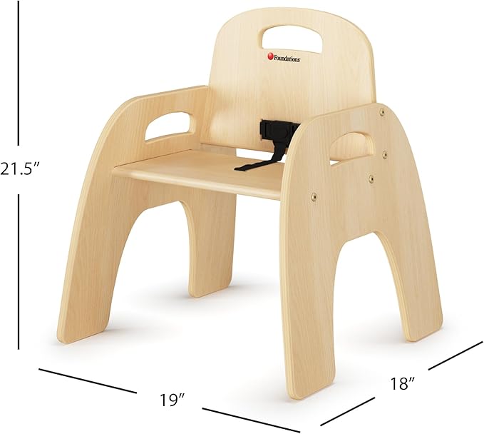 Foundations Simple Sitter Low Wood Feeding Chairs Multipack, Wide No-Tip Base, Adjustable Safety Harness, Stackable Wood Toddler Chairs with Wipeable Finish, 2 Pack, 11 inch