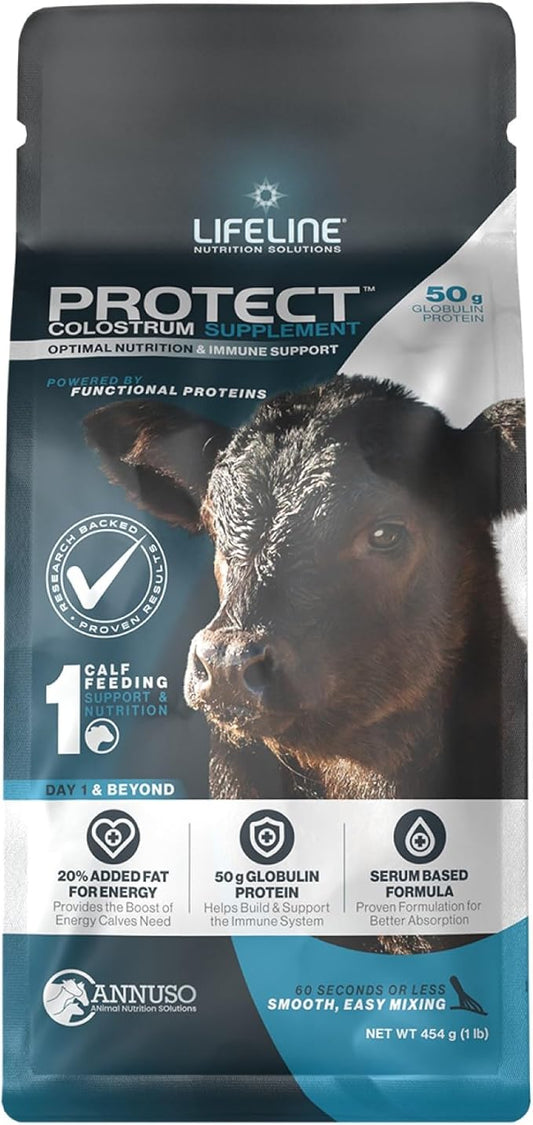 ANNUSO LIFELINE Protect Colostrum Supplement for Calves, 1lb Bag - 50g Globulin Protein per Feeding - 20% Added Fat and Carbohydrates - Immune and Energy Support for Newborn Calves