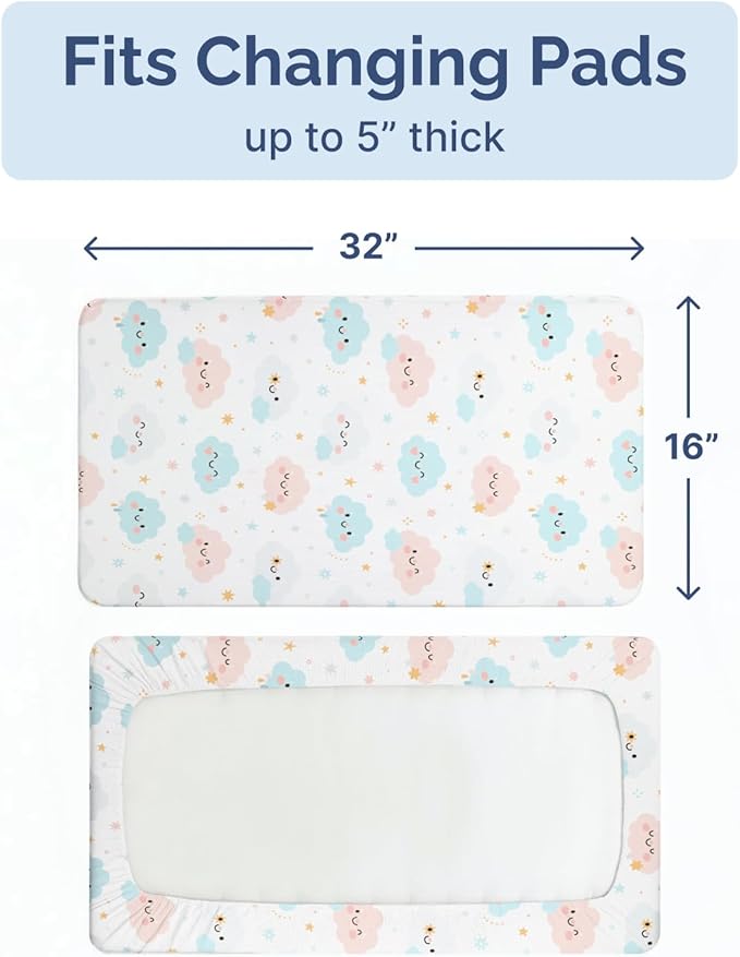 Changing Pad Cover - Pack of 2 Soft Unisex Diaper Change Microfiber Table Sheets - Fits 32"x16" Contoured Pad - Changing Pad Cover for Baby Boys and Girls - Machine Washable - Oeko-Tex, Happy Clouds