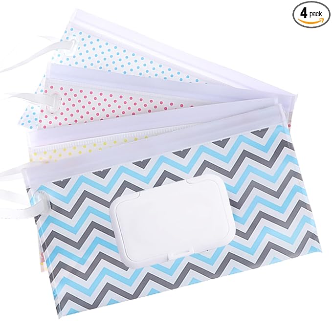 4 Pack Reusable Wipes Pouch Portable Wipes Dispenser Refillable Wet Wipe Container Lightweight Travel Wet Wipe Case Holder for Diaper Bag