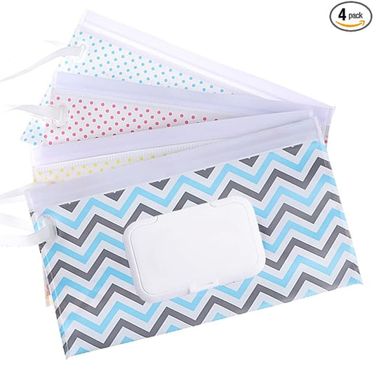 4 Pack Reusable Wipes Pouch Portable Wipes Dispenser Refillable Wet Wipe Container Lightweight Travel Wet Wipe Case Holder for Diaper Bag