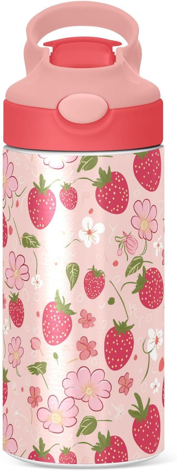 Strawberry Flowers Cute Girls Water Bottle with Straw and Carry Handle Pink Vacuum Insulated Stainless Steel Bottles Leak-Proof for Kids Boys Toddler 12 oz Pink Lid