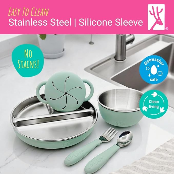Elk and Friends Kids Stainless Steel Mealtime Bundle | Plates, Bowls, Snack Cups + Toddler Utensils | Silicone Sleeves + Travel Storage Lids | For Meals + Snacks | Dishwasher Safe