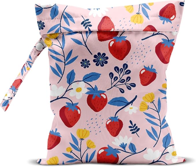 Wet Bag, Wet Dry Bag, Waterproof Swim Bags, Machine Washable Reusable Bags for Beach, Pool, Diapers, and Dirty Yoga Gym Clothes(Pink Background Strawberry and Bule Leaf Printy