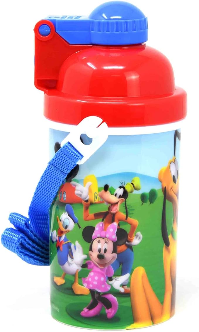 Zak Designs Disney Mickey Mouse One Touch Button Water Bottles with Reusable Built in Straw, Carrying Strap - Safe Approved BPA Free, Easy to Clean, for Kids Girls Boys, Goodies Home Travel