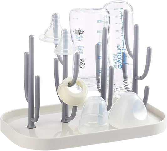 Baby Bottle Drying Rack with Base, Creative Tree Branch Baby Bottle Dryer Holder for Bottles, Teats, Cups, Pump Parts and Accessories (Gray)