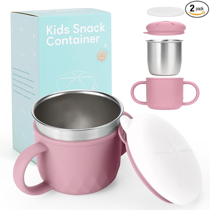 Toddler Snack Containers Stainless Steel Spill-Proof Snack Containers for Toddlers with Spill-Proof Silicone Lids and Handles 4-in-1 Baby Snack Cup is Dishwasher Safe for Easy use On The Go（Pink）