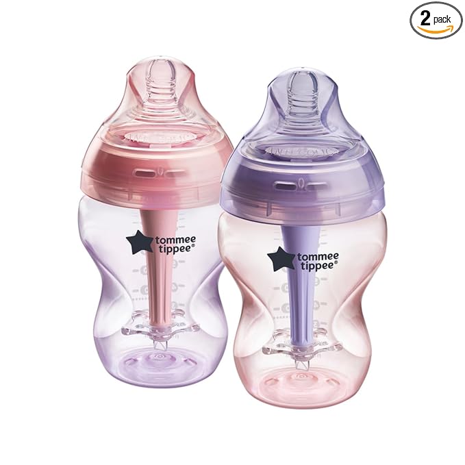 Tommee Tippee Advanced Anti-Colic 9 oz BPA Free Baby Bottles, Newborn 0+ Months, Slow Flow Breast-Like Nipple, Unique Design Keeps Air Away from Milk and Baby, Pink and Purple, Pack of 2