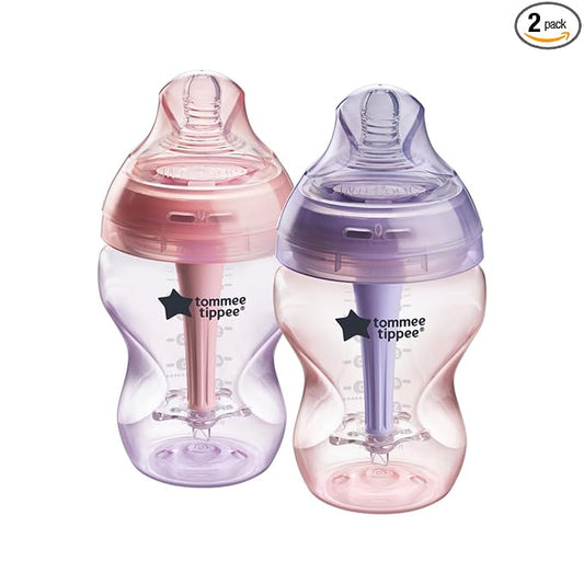 Tommee Tippee Advanced Anti-Colic 9 oz BPA Free Baby Bottles, Newborn 0+ Months, Slow Flow Breast-Like Nipple, Unique Design Keeps Air Away from Milk and Baby, Pink and Purple, Pack of 2