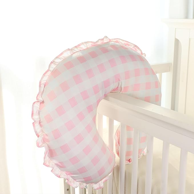 DILIMI Nursing Pillow Cover, Removable Ruffled Pillowcase for Breastfeeding Pillows, Ultra Soft Comfortable Slipcover for Baby Girl and Boy, Pink Gingham