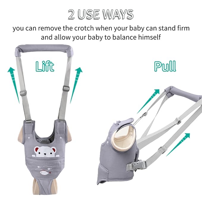 Baby Walking Harness, Handheld Kids Walker Helper with Detachable Crotch Adjustable Walker Harness Assistant Belt Baby Learning Walk Toddler Infant Walker 9-24 Months (Grey)