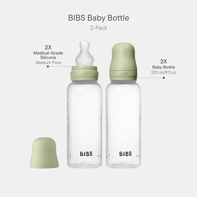 BIBS Baby Bottles 2-Pack, 9.1 Oz, Silicone Nipple, Anti-Colic System for Gas Reduction., BPA-Free, Lightweight & Easy to Clean, Suitable for Newborns 0+ Years - 270 ml (Pack of 2) Sage