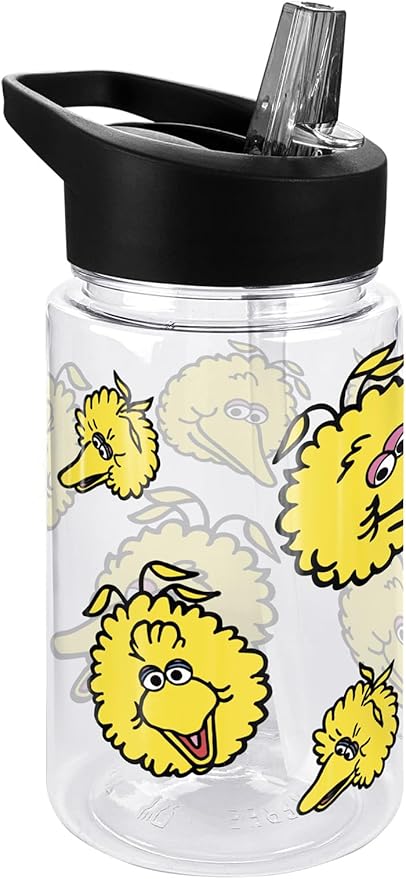 LOGOVISION Sesame Street Kids Tritan Plastic Water Bottle with Straw Lid and Handle, Reusable Tumbler for Toddlers, Unisex for Girls and Boys, 12oz, Big Bird Head Pattern