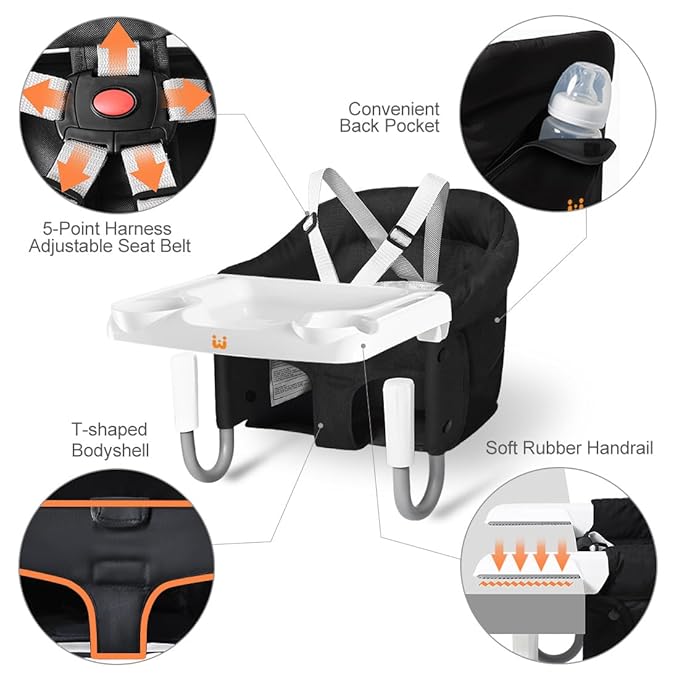 MTWML Hook On High Chair with Tray,Portable Baby High Chair that Attaches to Table,Clip On Fast Table Seat for Babies and Toddlers.Baby Feeding Seat for Dining Tables and Counter(Pure-Black)