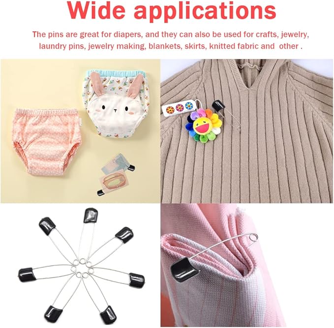 50 PCS Safety Pin 54mm/2.2in Baby Diaper Pins for Cloth Plastic Head Baby Pins for Diapers Stainless Steel Cloth Pins with Locking Closures Nappy Pin for Crafts（DT/Black）