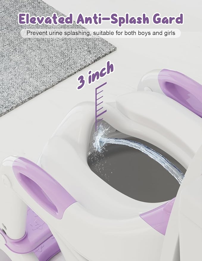 Potty Training Seat with Step Stool, Toddler Potty Training Toilet Seat with Non-Slip Step Splash Guard Safety Handles and Waterproof Cushion, 2 In 1 Toddler Potty Seat