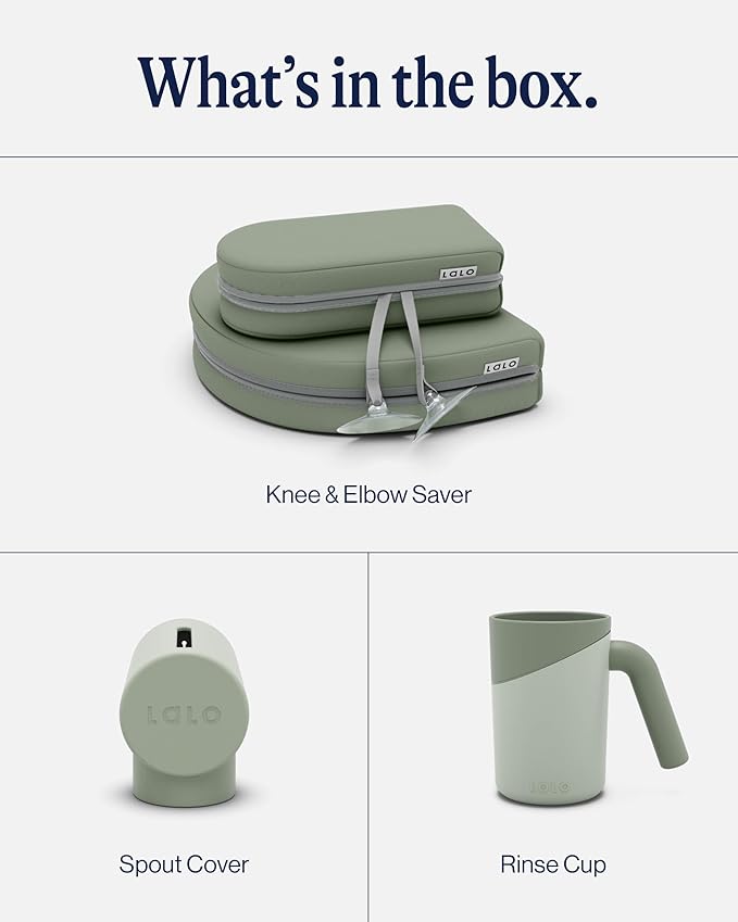 Lalo Bathtime Essentials - 3-Piece Set Includes Knee & Elbow Saver, Rinse Cup, & Spout Cover - Comfortable Baby Bath Essentials Made from Safe, Durable Materials - Easy to Clean - Sage