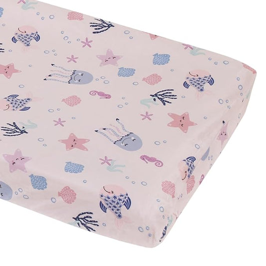 NoJo Mermaid Lagoon Pink, and Blue Sea Friends Super Soft Contoured Changing Pad Cover